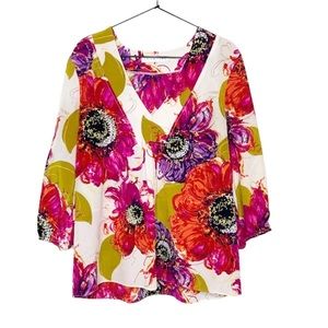 Trina Turk Floral 100% Silk Blouse | Large